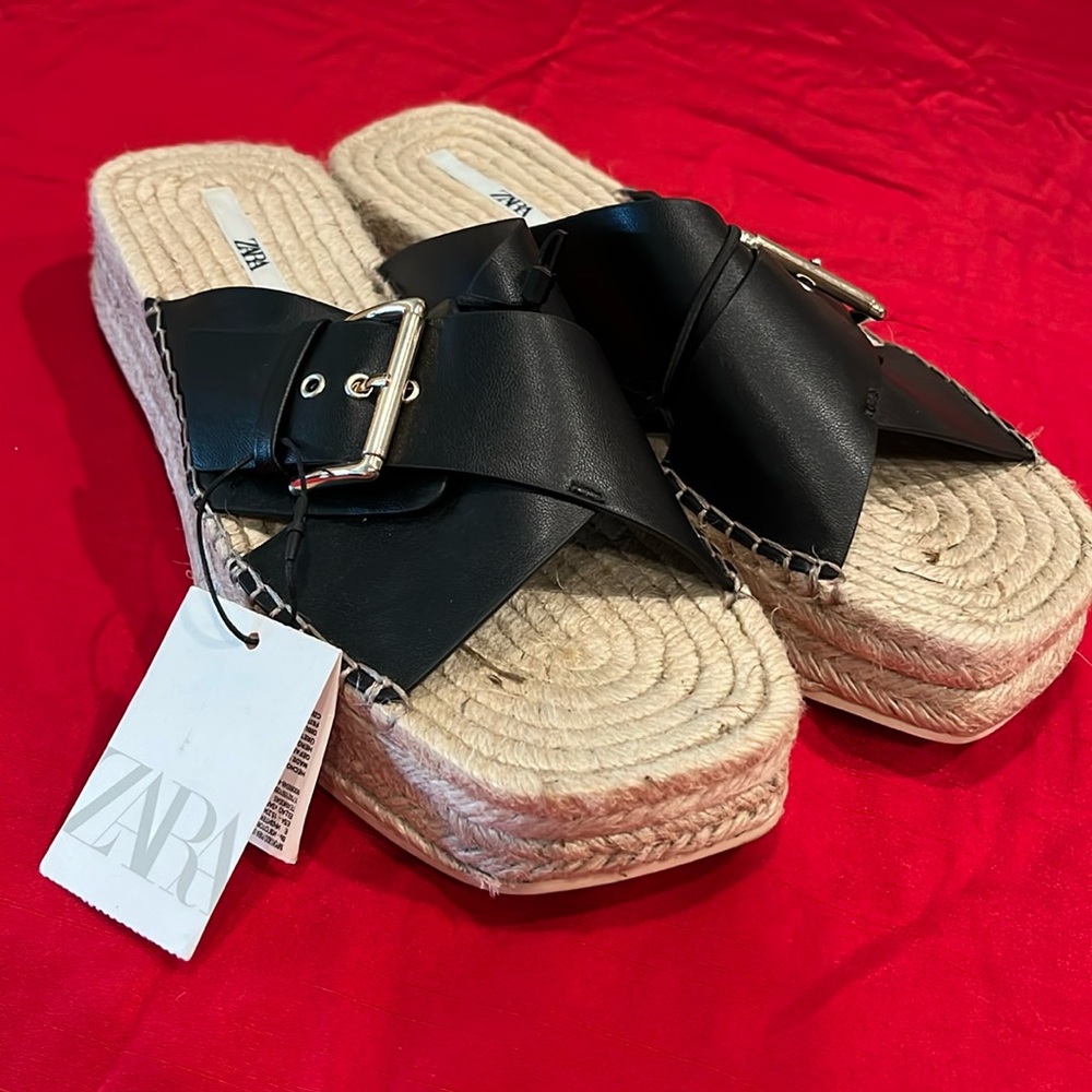 Zara Black Leather Buckle Espadrille Slide Sandals